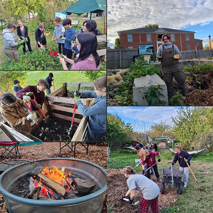 Photo collage of students working in the campus garden